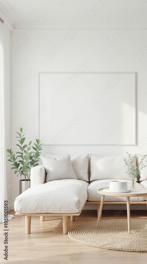 Fototapeta premium Cozy Living Room With Neutral Decor and Comfortable Sofa Creating an Inviting Atmosphere. Generative AI