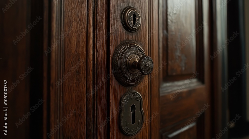 Obraz premium Elegant Brown Door with Vintage Knob and Lock