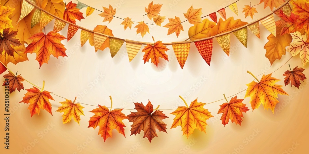 Fototapeta premium A festive autumnal backdrop with vibrant foliage and patterned flags strung together, symbolizing the beauty and celebration of the season.
