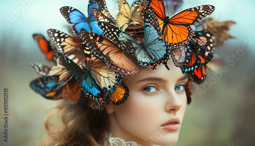 Surreal butterflyinspired headpiece with intricate, colorful designs photo