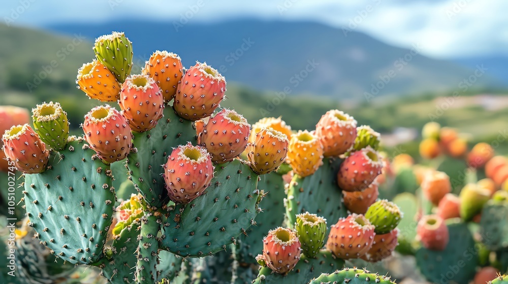 Vibrant prickly pear cacti with bright fruits, showcasing desert flora in vivid colors Vibrant prickly pear cacti with bright fruits, showcasing desert flora in vivid colors