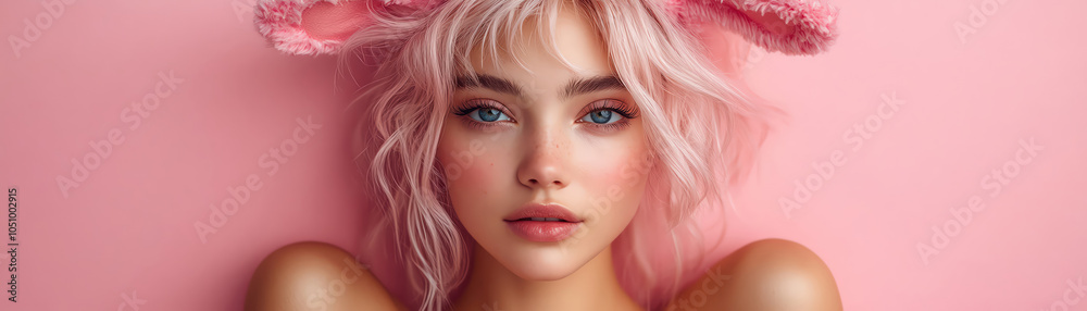 Woman with pastel pink hair wearing bunny ears, standing against a light pink backdrop, playful and soft aesthetic Woman with pastel pink hair wearing bunny ears, standing against a light pink backdrop, playful and soft aesthetic
