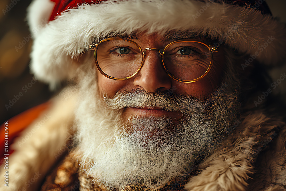Santa Claus in a modern, stylish look, posing for a commercial ad with a friendly smile, set in a festive atmosphere. Perfect for holiday marketing campaigns.
