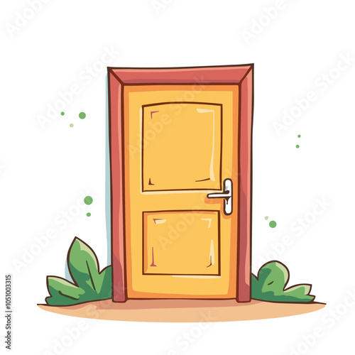 Vector illustration of yellow door with plants, cheerful home entrance  