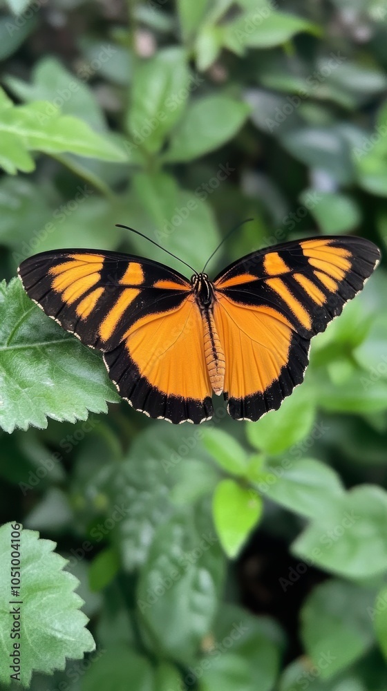 Banded Orange Heliconian Butterfly Perched on Lush Green Foliage in Southern USA. Generative AI Banded Orange Heliconian Butterfly Perched on Lush Green Foliage in Southern USA. Generative AI