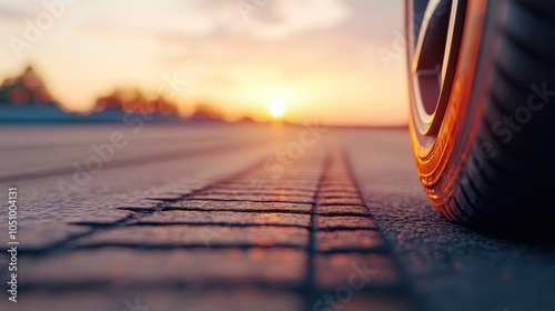 Close-Up of Car Tire Leaving Tread Marks at Sunset
