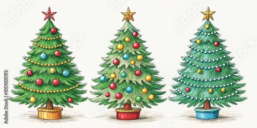 Three Christmas trees decorated with colorful ornaments and lights, a festive winter celebration tradition