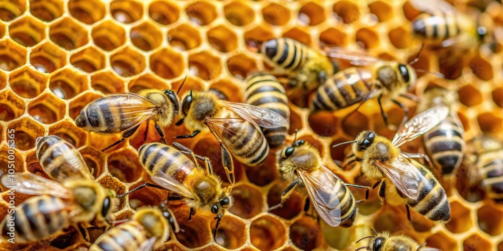 A close-up view of honey bees working together on a honeycomb, showcasing the intricate details of their anatomy and the hexagonal structure of the comb. A close-up view of honey bees working together on a honeycomb, showcasing the intricate details of their anatomy and the hexagonal structure of the comb.