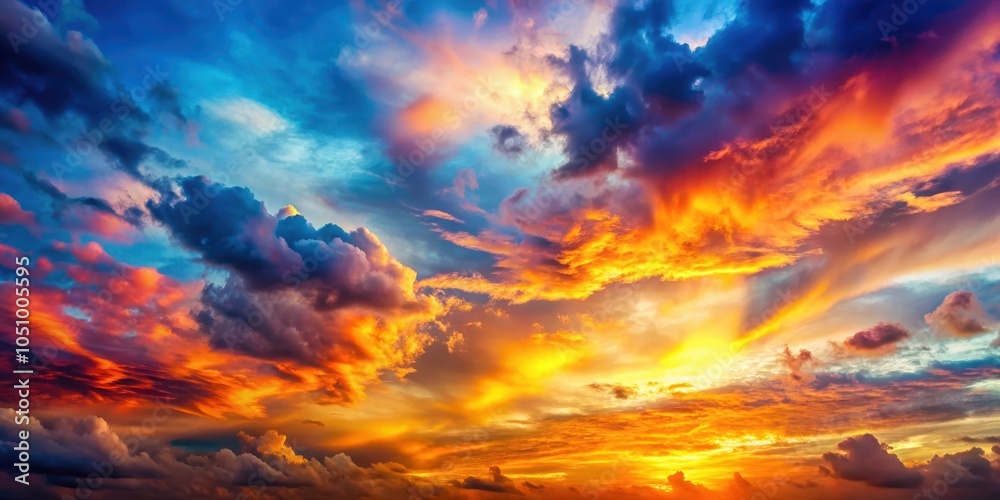 Obraz premium A fiery sunset paints the sky with vibrant hues of orange, yellow, and red, creating a dramatic spectacle of clouds illuminated by the departing sun.