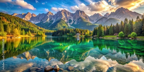 Reflective Serenity of a Mountain Lake at Sunrise