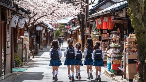 A group of Japanese schoolchildren in school uniforms walk home, passing cherry blossom trees and small shops