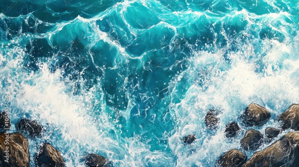 Fototapeta premium Aerial View of Waves Crashing Onto Rocky Shoreline With Vibrant Turquoise Water and Sea Foam. Generative AI