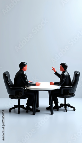 Two figurines in black suits sit across from each other at a round table in a minimalistic setting. One gestures as if speaking, indicating a business conversation or negotiation scene.