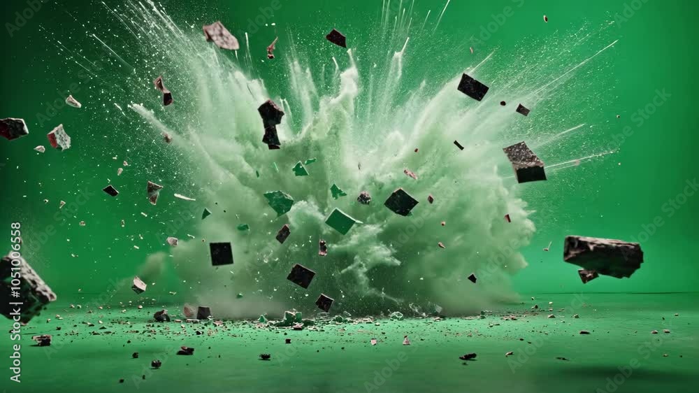 A large explosion sends debris flying in front of a green backdrop