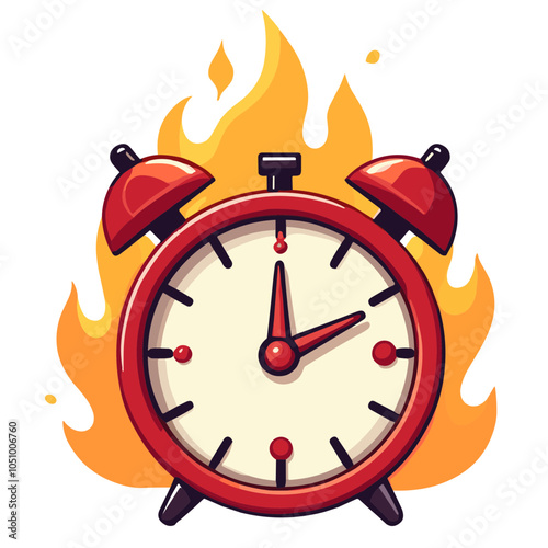 Alarm clock surrounded by flames, vector illustration