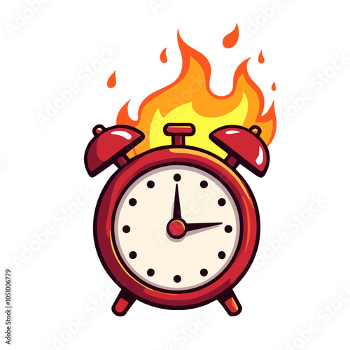 Burning alarm clock with flames, vector illustration