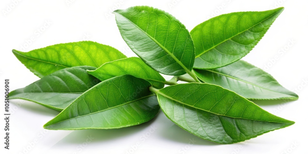 Obraz premium A close-up of vibrant green tea leaves arranged in a delicate cluster, showcasing the intricate details of their texture and shape, against a pristine white backdrop.