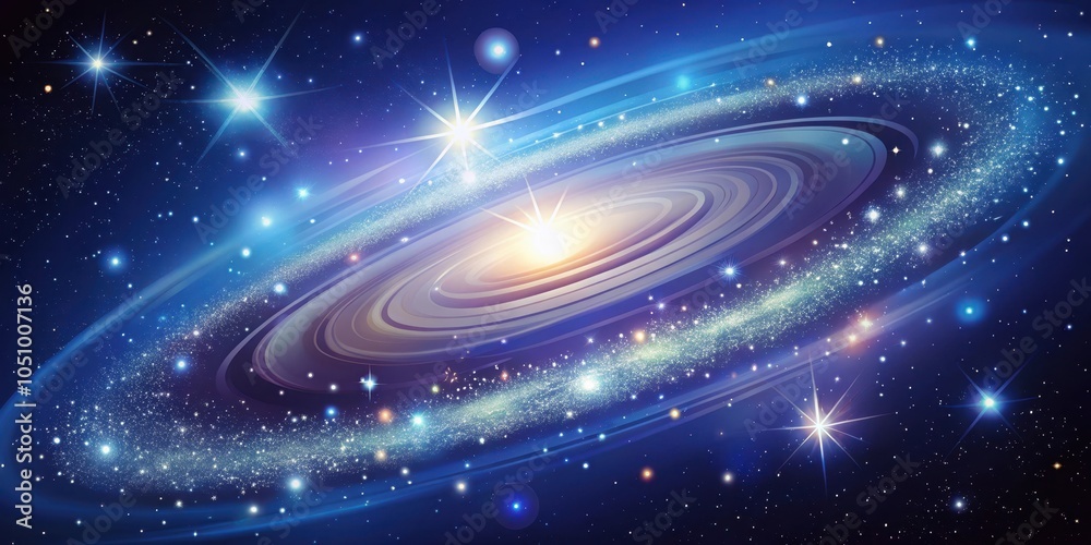 Obraz premium A cosmic panorama showcasing the swirling celestial dance of a spiral galaxy, adorned with twinkling stars and a brilliant core of radiant light.