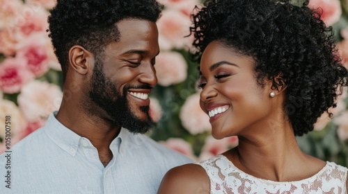 Happy Couple Smiling at Each Other in Floral Setting