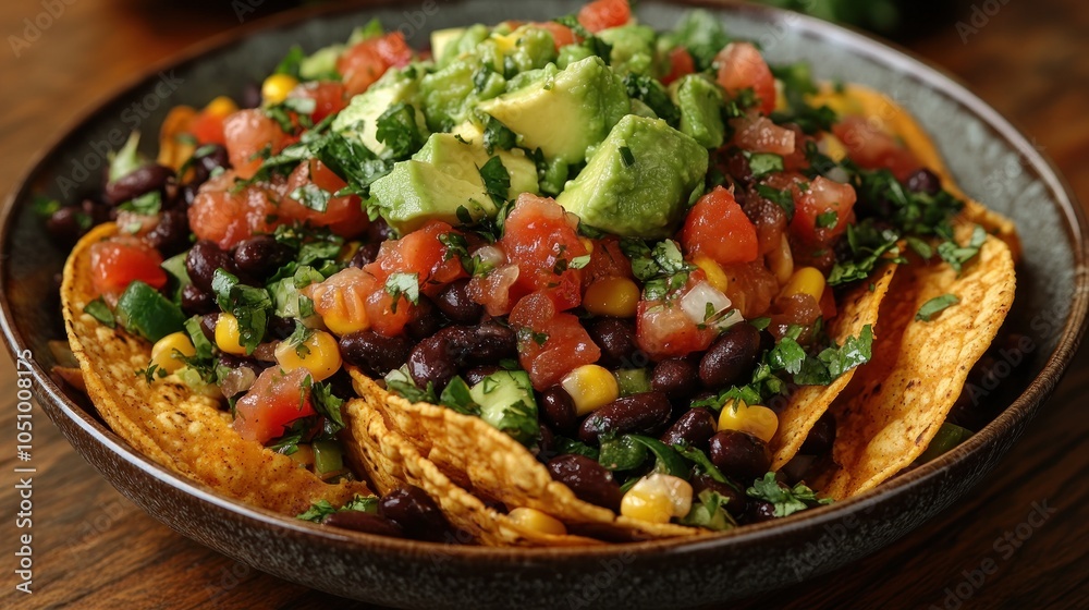 A colorful plate of nachos topped with beans, salsa, and avocado. A colorful plate of nachos topped with beans, salsa, and avocado.