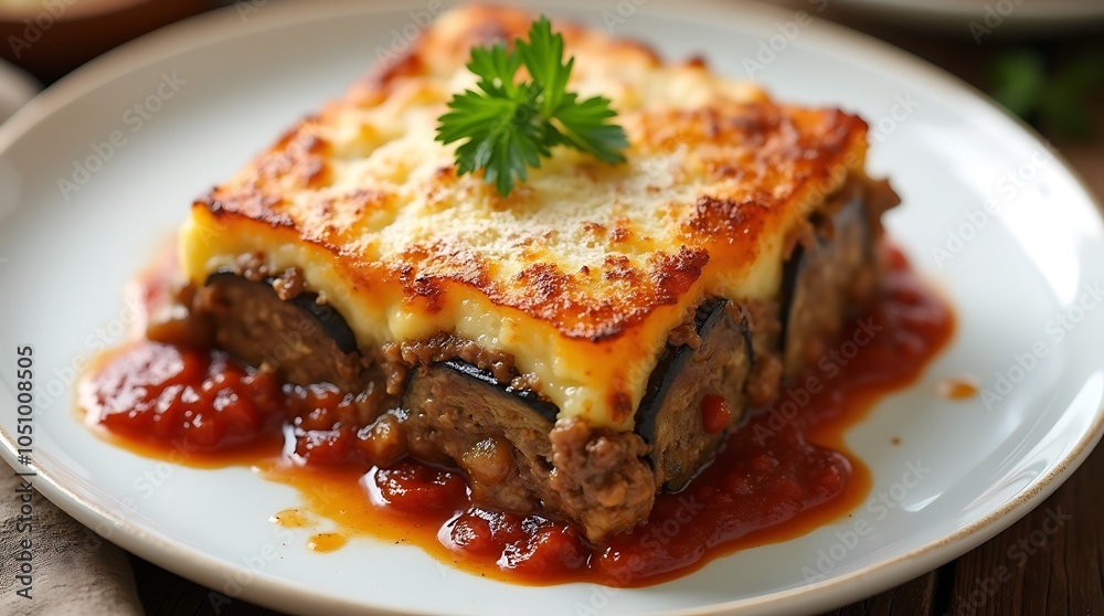 Greek Moussaka with Eggplant in a Traditional Mediterranean Style Greek Moussaka with Eggplant in a Traditional Mediterranean Style