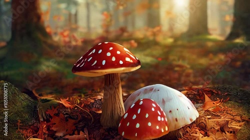 Amanita muscaria mushrooms known as the fly agaric or fly amanita in undergrowth of foliage in autumn woods. trees, mosses, and lichens under sun rays. Close-up undergrowth with dry leaves photo