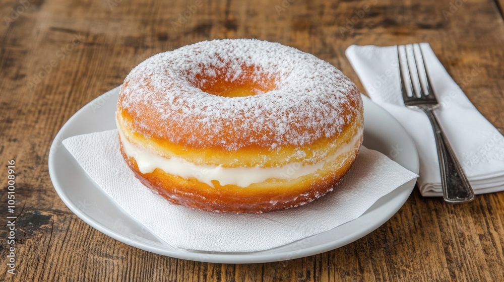 Fluffy Custard Cream Filled Donut on Wooden Table Fluffy Custard Cream Filled Donut on Wooden Table