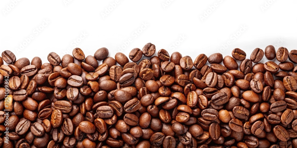 A close-up photograph of a large group of coffee beans scattered on a white surface, creating a horizontal border at the bottom of the image.