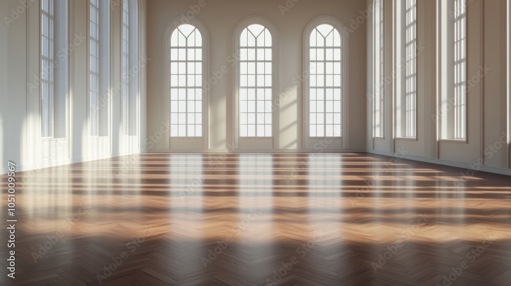 Sunlit Empty Ballroom with Grand Windows and Wooden Floor Sunlit Empty Ballroom with Grand Windows and Wooden Floor