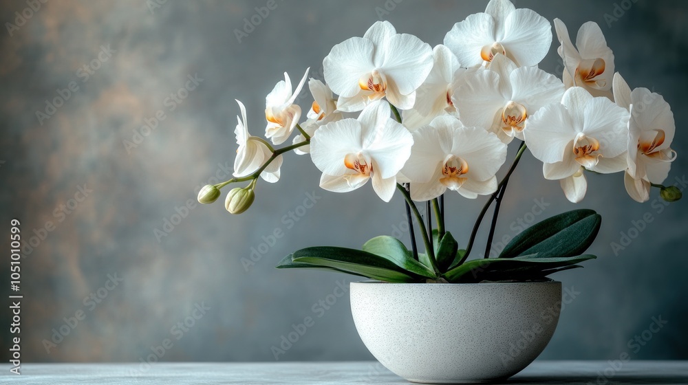 A serene arrangement of white orchids in a decorative pot. A serene arrangement of white orchids in a decorative pot.