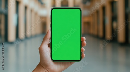 Hand Holding Smartphone with Green Screen Background