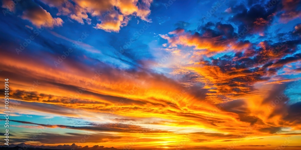 Fototapeta premium A fiery sunset sky painted with streaks of orange, yellow, and blue, creating a breathtaking display of nature's artistry.