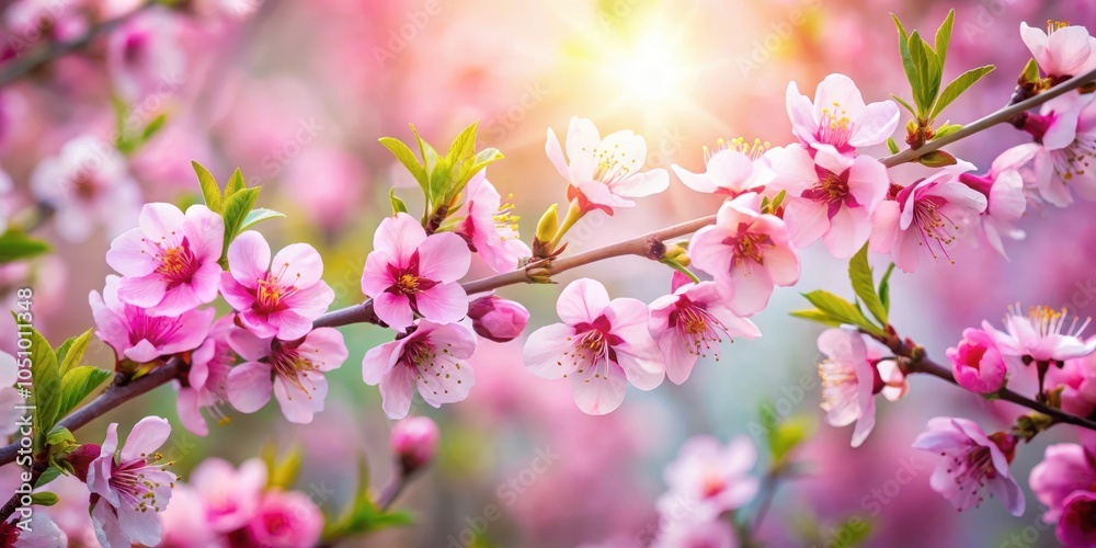 Obraz premium A delicate branch of pink blossoms reaching towards the sun, a symphony of soft petals and springtime vibrancy