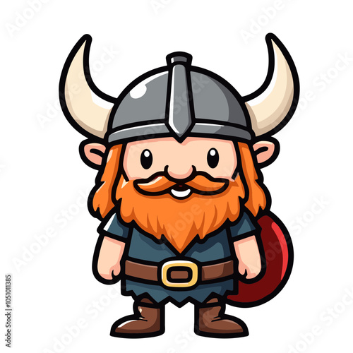 Friendly viking with shield, vector illustration