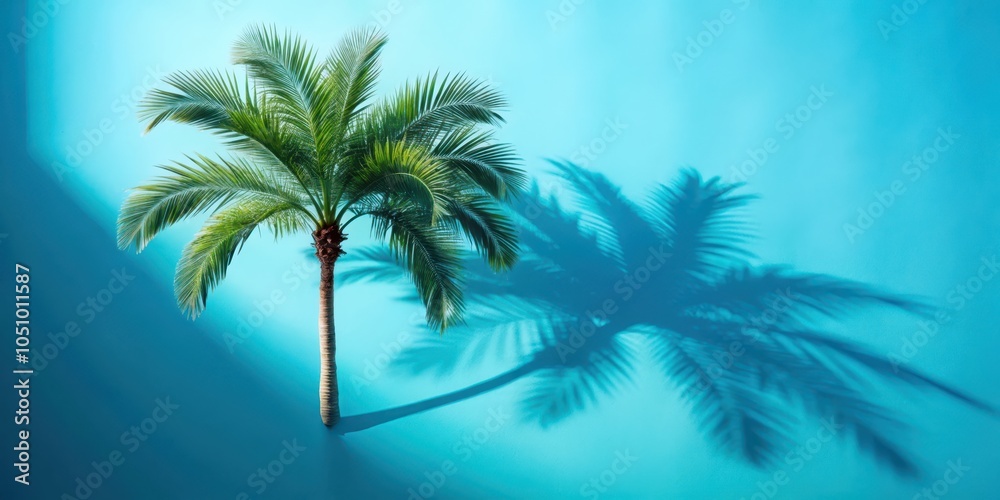 Fototapeta premium A single palm tree casts a shadow against a vibrant turquoise wall, capturing a moment of tranquility and summery bliss.