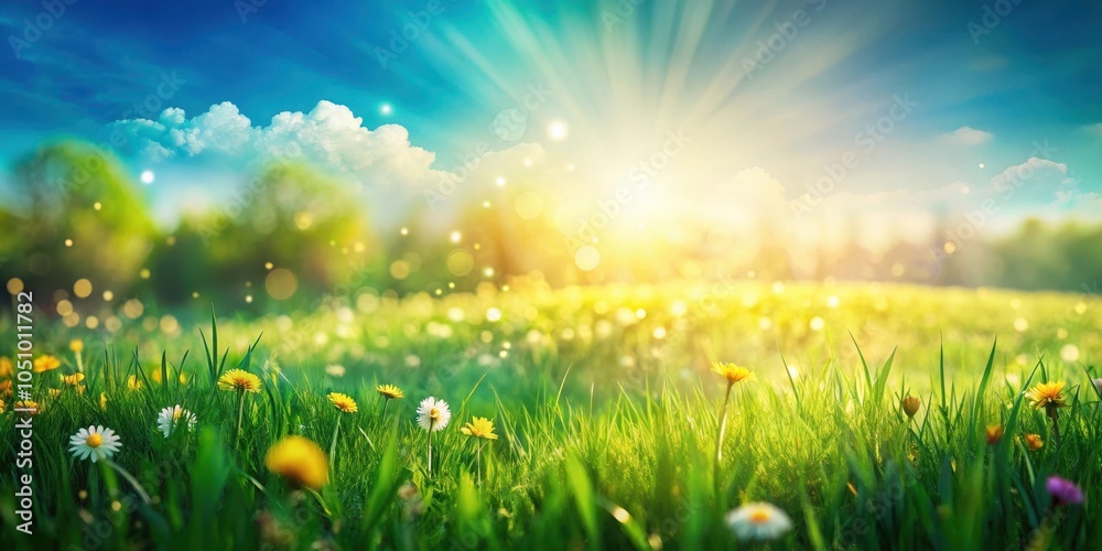 Obraz premium Sunny meadow with vibrant green grass and delicate wildflowers blooming under a bright blue sky, a picturesque representation of natural beauty
