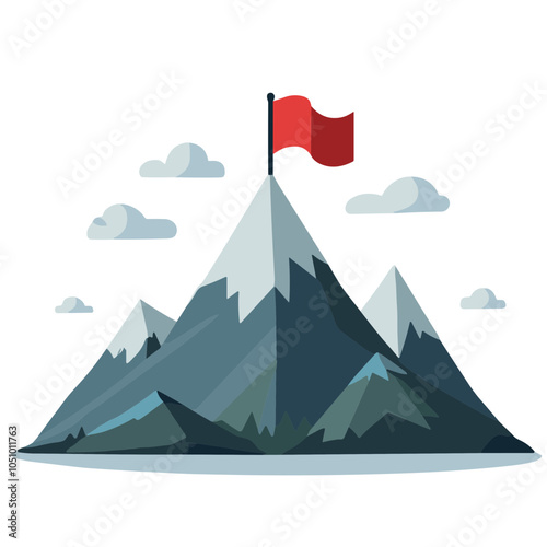 Mountain peak with red flag vector illustration in flat design  
