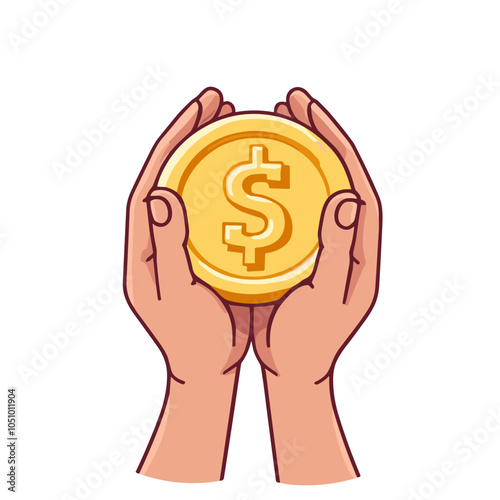 Vector hands holding gold coin illustration, warm tones, representing wealth and financial success