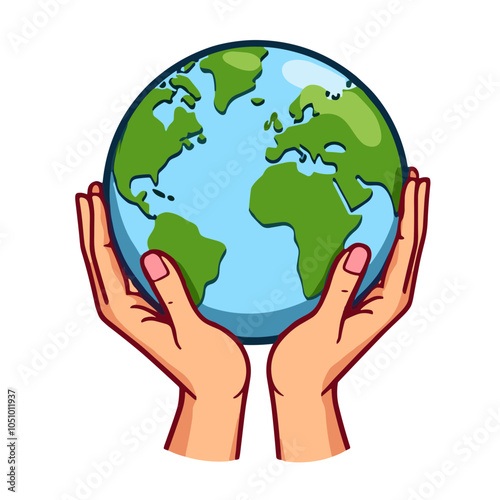 Vector hands holding Earth illustration, blue and green, representing environmental care and global unity