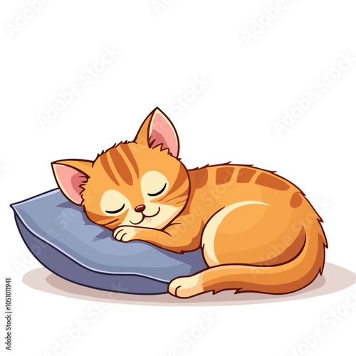 Vector sleeping orange cat illustration on blue pillow, representing comfort and relaxation