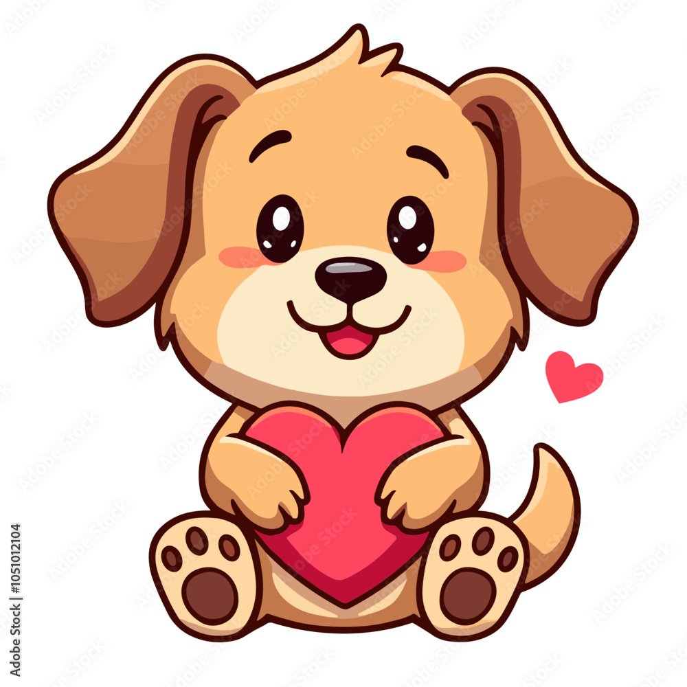 Fototapeta premium Adorable puppy holding red heart, love and affection concept, vector illustration