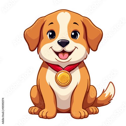 Adorable puppy with medallion, reward vector illustration