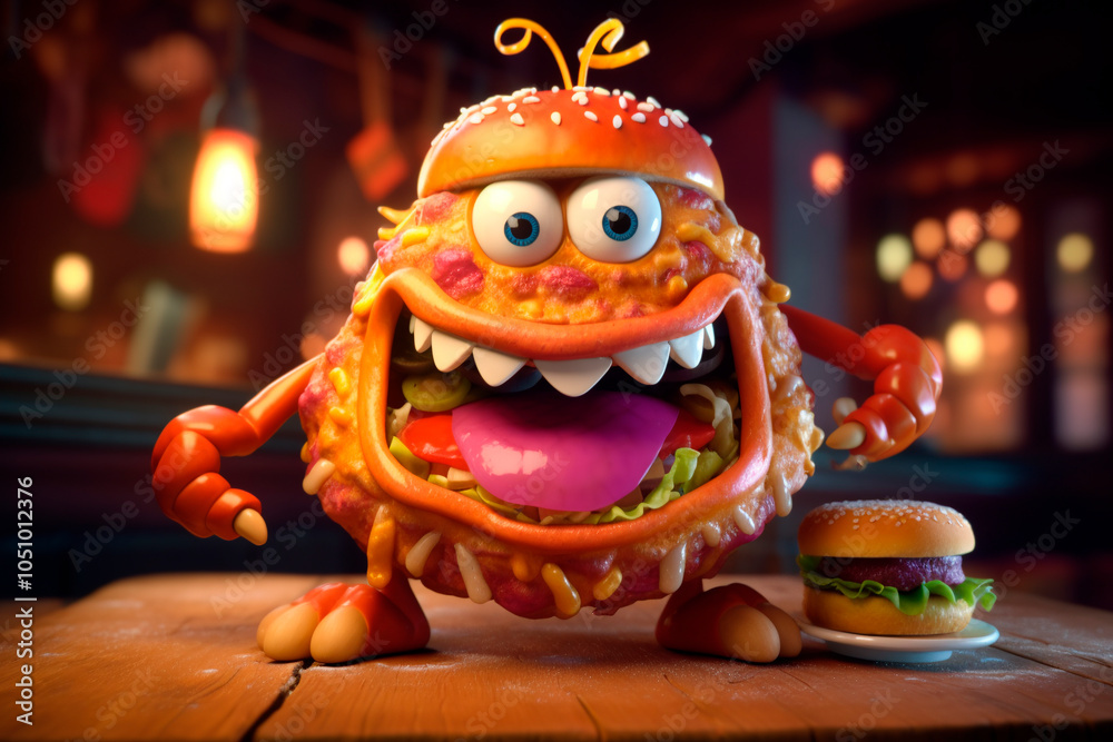 Obraz premium Fast food monster. funny snack with a burger bun cap stands with his mouth wide open full of food on a wooden table in an evening roadside restaurant cafe diner