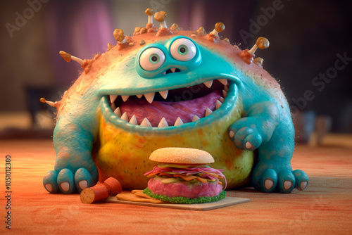 strange creature with a hamburger looks in surprise. Glutton monster as a symbol of junk food, overeating, excess weight problem, unhealthy diet