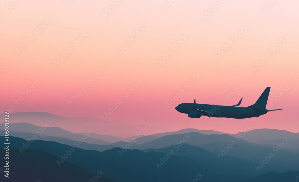 Fototapeta premium Airplane Silhouette Over Mountain Ranges at Sunset