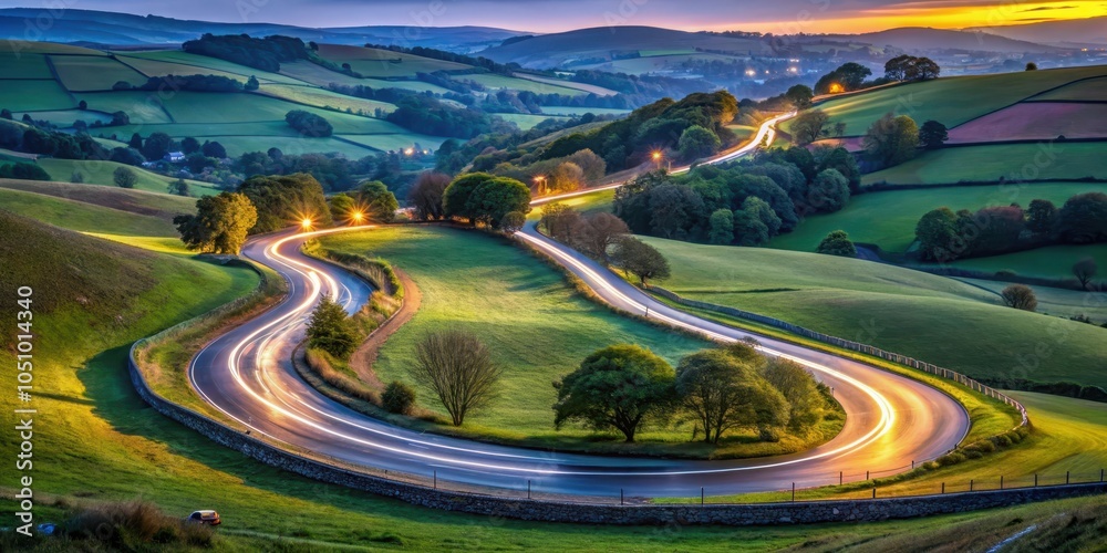 A winding road through rolling green hills with a beautiful sunset sky in the background. A winding road through rolling green hills with a beautiful sunset sky in the background.