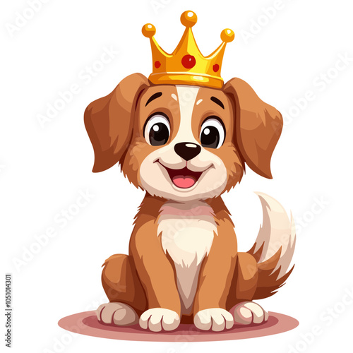 Charming Cartoon Dog in a Crown with a Content Mood  