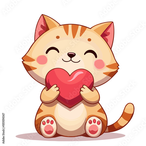 Affectionate Cartoon Cat Holding Heart with Love  