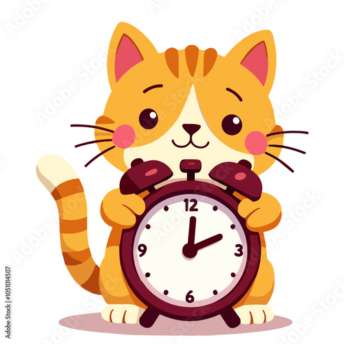 Cat with alarm clock, punctual vector illustration of orange kitten