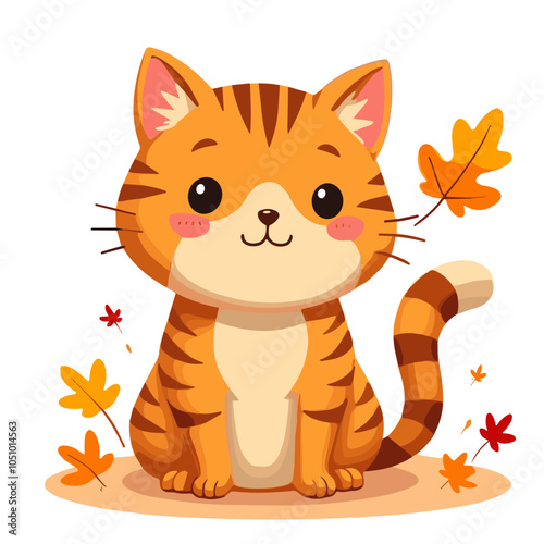 Charming Cartoon Cat with Autumn Leaf Collection
